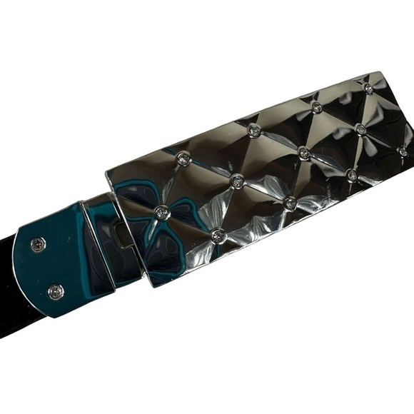 Black and Teal Blue Reversible Women's Designer Belt, Silver Buckle, M/L - Picture 12 of 14